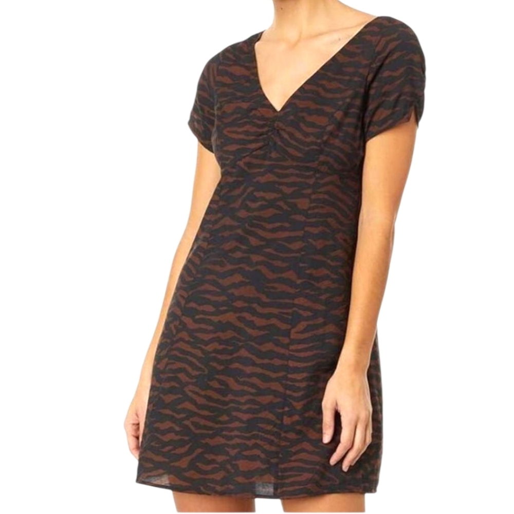 Madewell NWT Jennifer Abstract Zebra Print Black/Brn Mini Dress Plunge Neck Sz 0